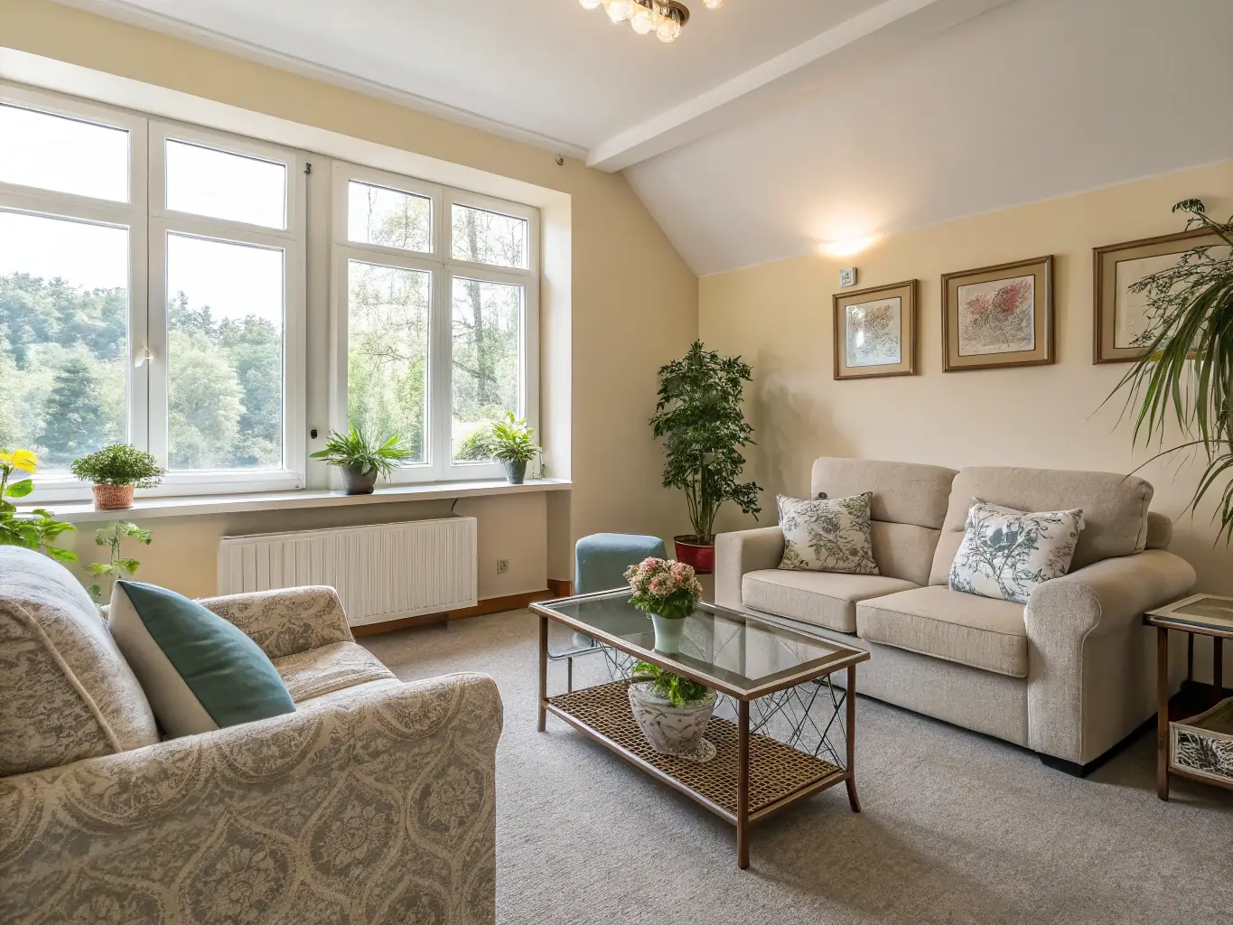 A modern, sunlit apartment living room with large windows overlooking the Warsaw skyline, staged with contemporary furniture and decor, emphasizing the spaciousness and urban lifestyle.