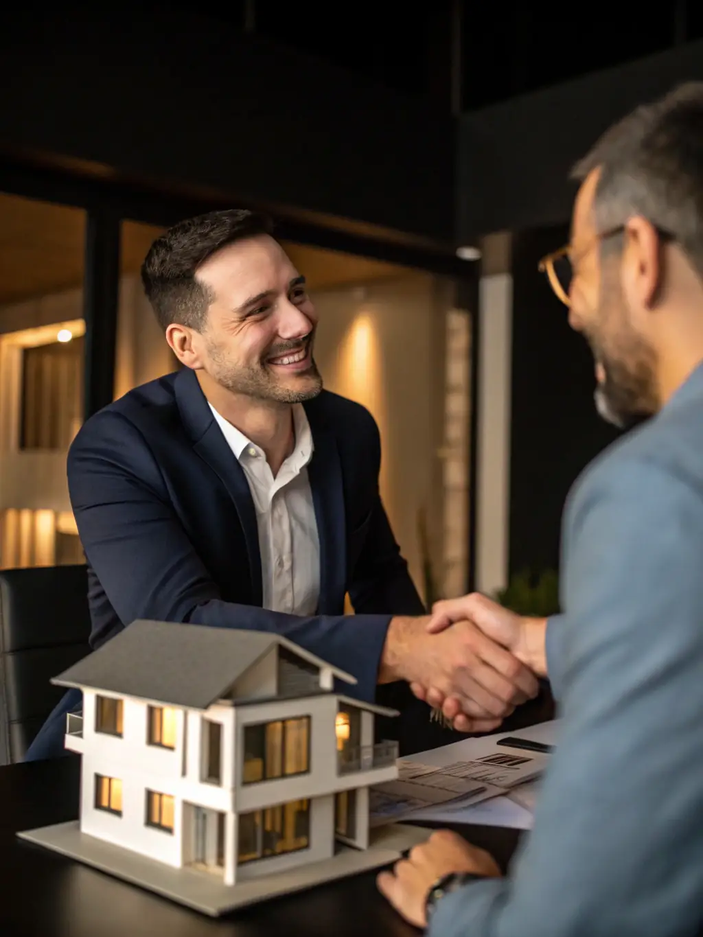 A photo of a real estate agent sitting with clients, reviewing property documents and discussing their needs in a comfortable office setting.