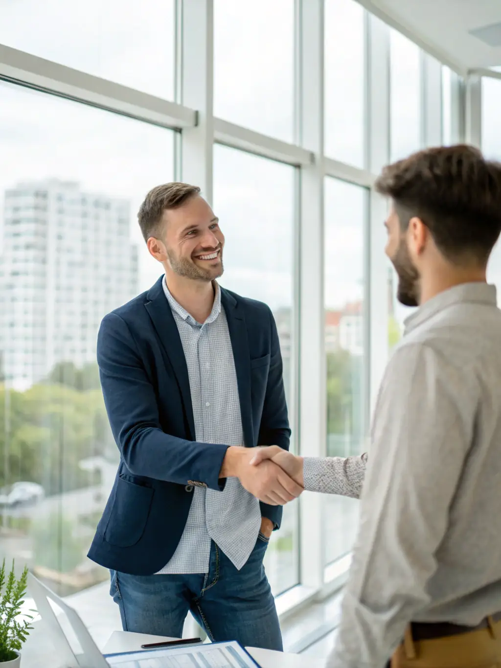 A photo of a real estate agent shaking hands with a happy client in front of a modern apartment building, symbolizing trust and successful transactions.