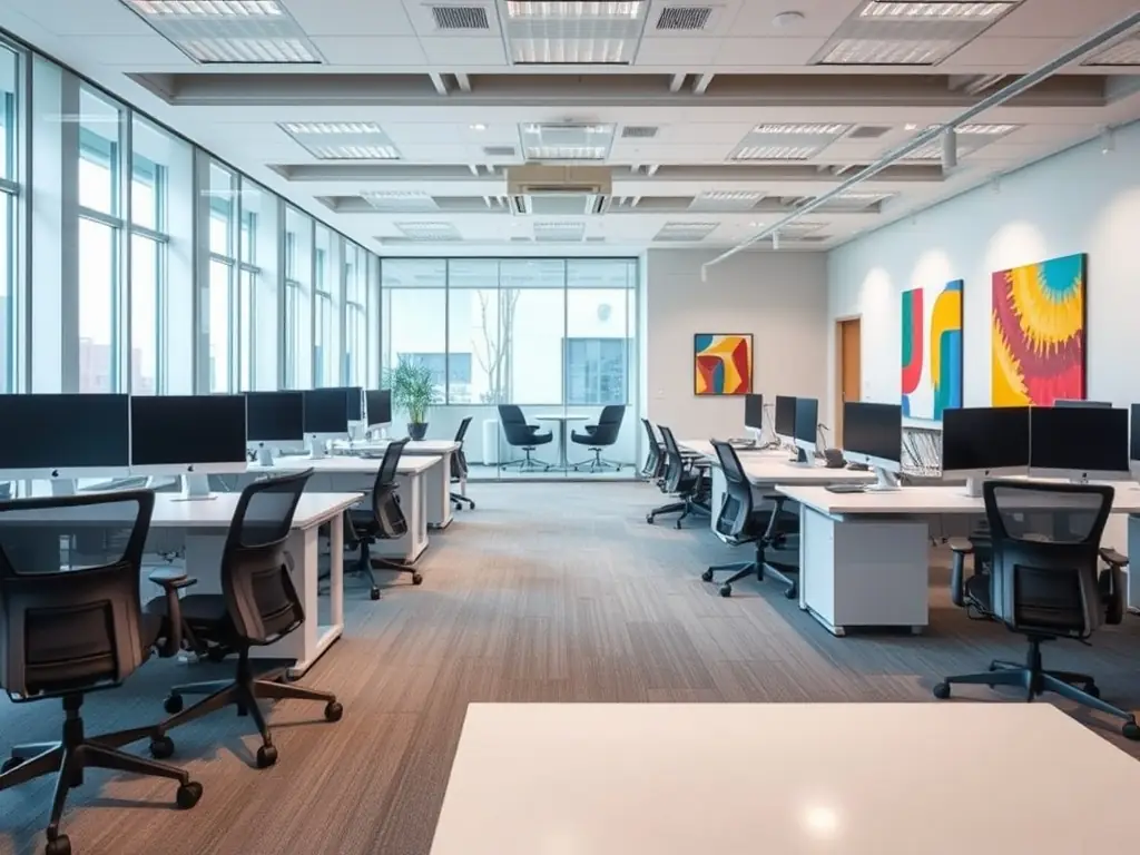 A sleek, modern office space with glass walls, ergonomic furniture, and collaborative work areas, showcasing a dynamic and professional environment in Warsaw's business district.